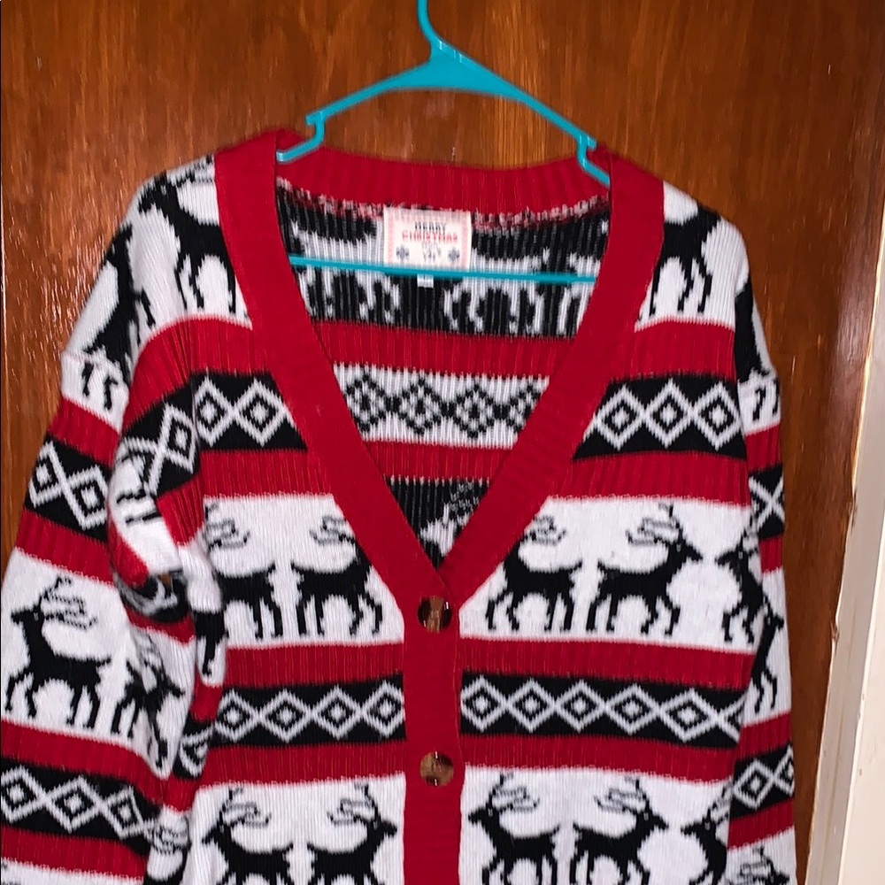 Red and Black Nordic Cardigan Sweater with Reindeer Pattern